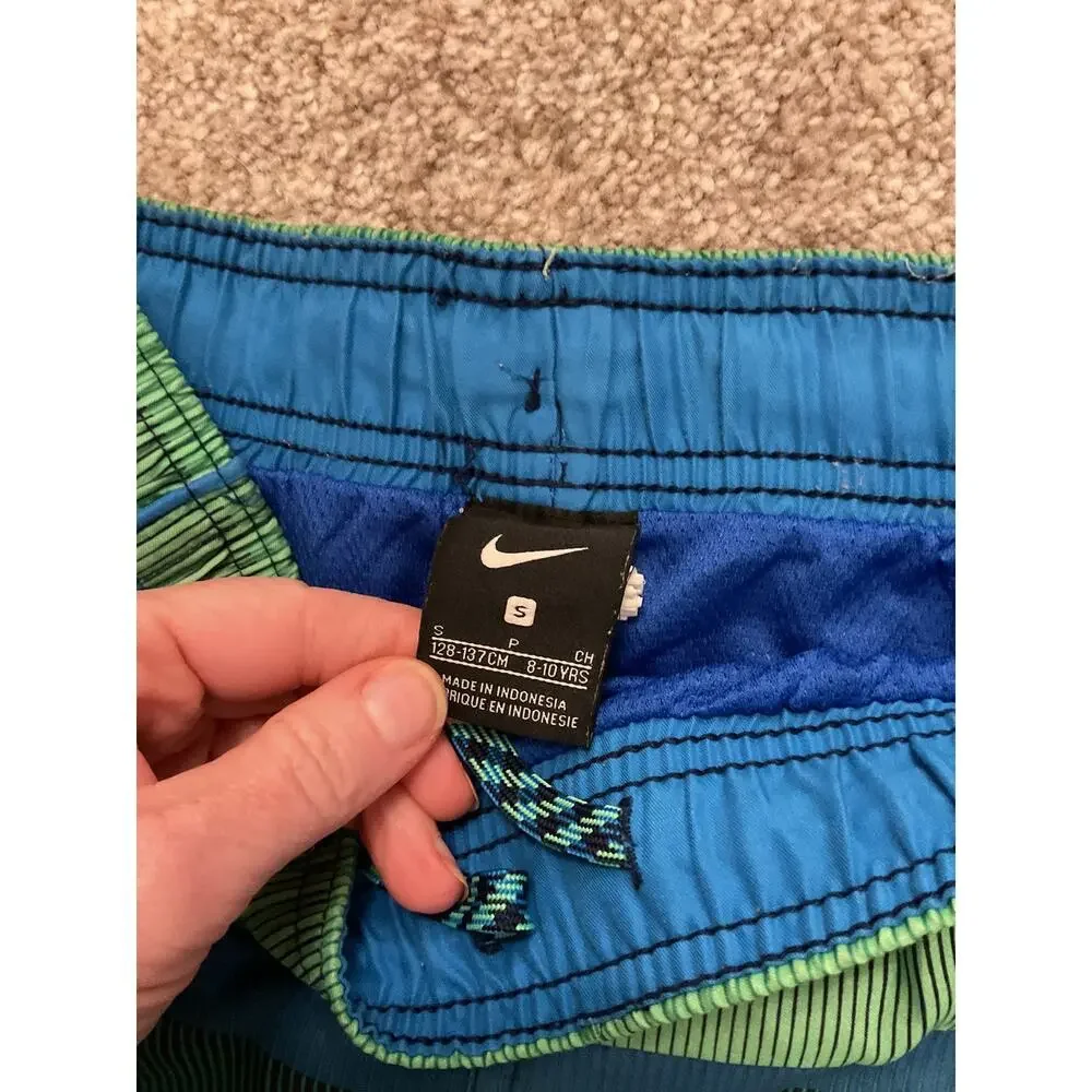 Nike Boys Blue Green Striped Swim Trunks Beach Pool Swimwear, S (8-10 years)